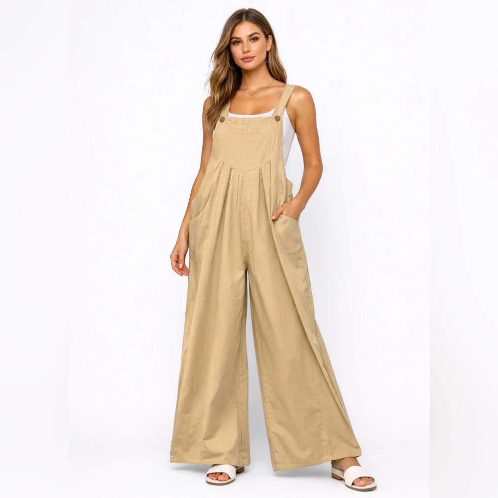 Nasty Gal Overall Winner Wide Leg Overalls Stone  Pleated Jumpsuit NWT size 10 - Picture 6 of 6